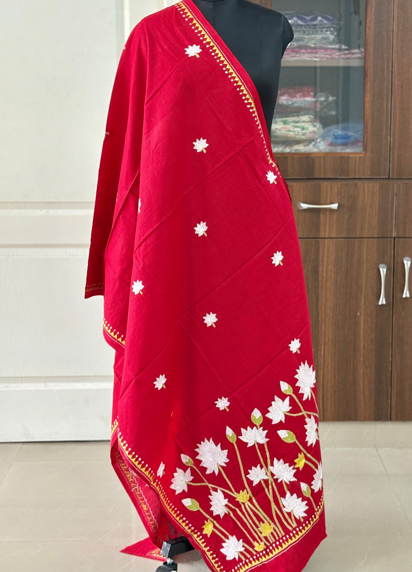 Kantha Hand Embroidary Full Work Pure Cotton Dupatta- Red “36”
