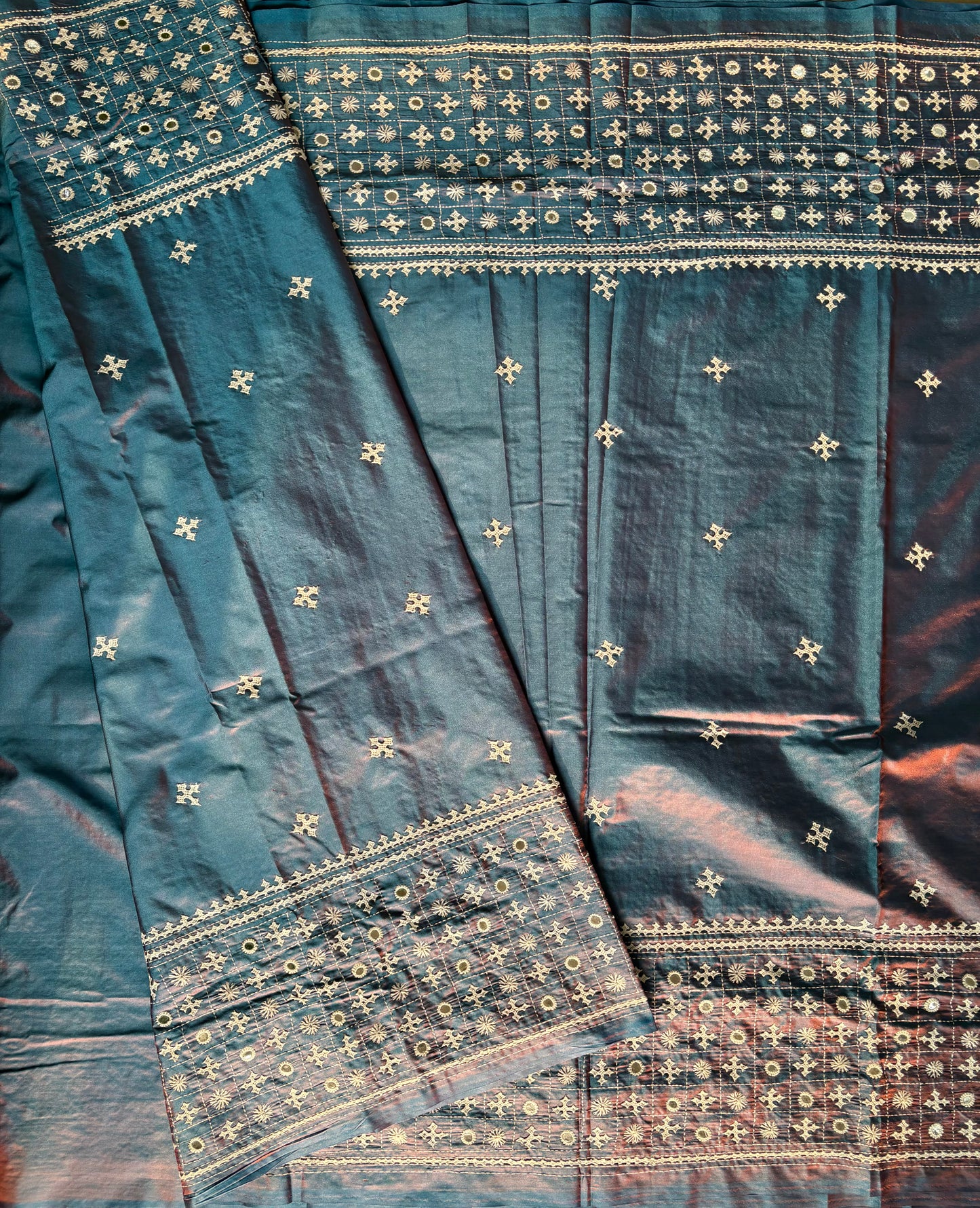 Gujrati Stitch/Kutch Hand Embroidered Art Silk Saree