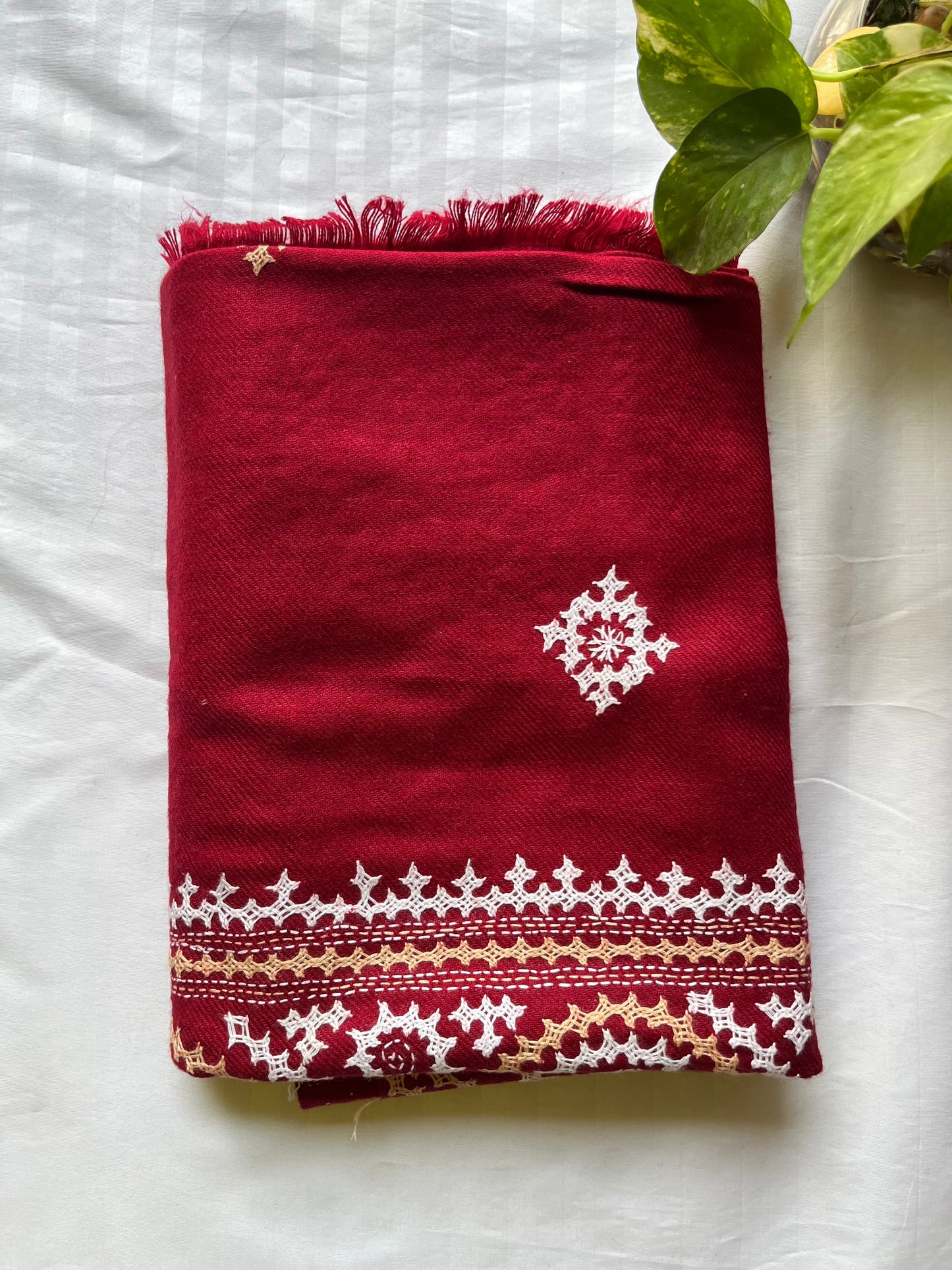 Gujrati Stitch Hand Embroidered Woollen Warm Shawl (maroon)