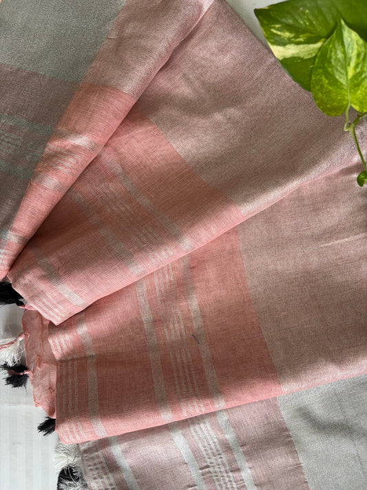 Peach silver pure Linen By Linen Saree With running Blouse