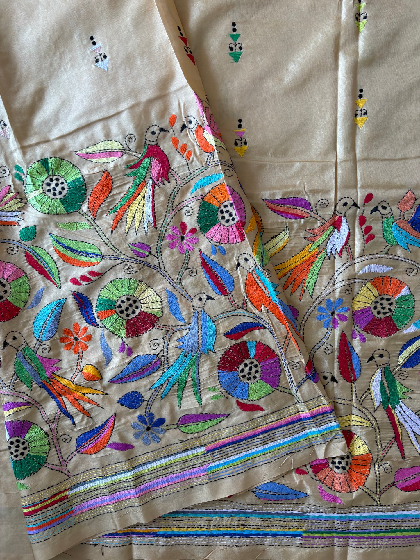 Kantha - Stitch Hand Embroidered Saree| Blended Bangalore Silk / Art Silk | Beige
