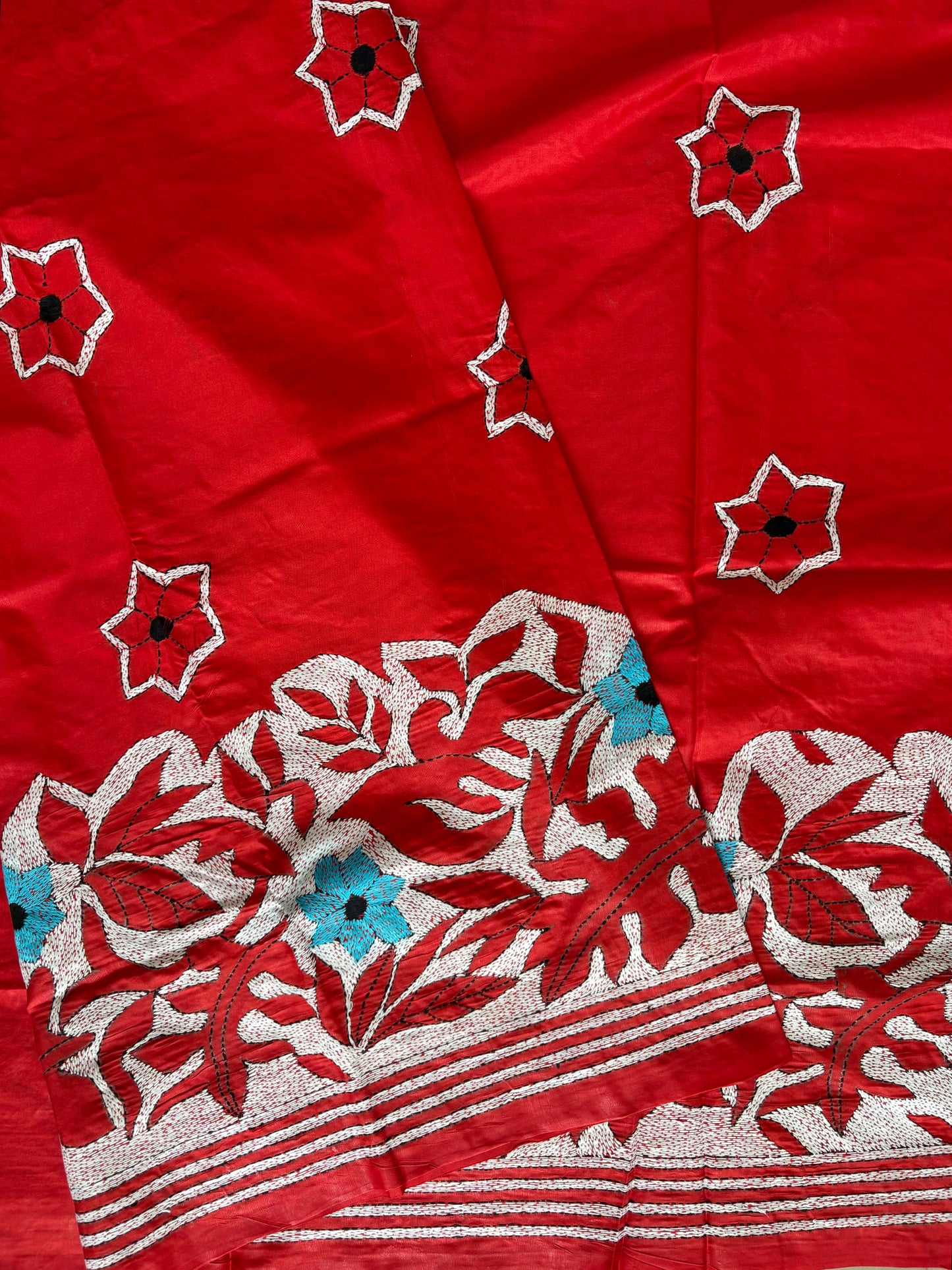 Red Kantha Hand Work Embroidered Art Silk Saree With Blouse