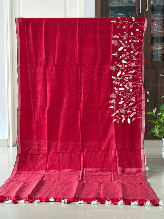 Pure Linen Saree With running Blouse - Red