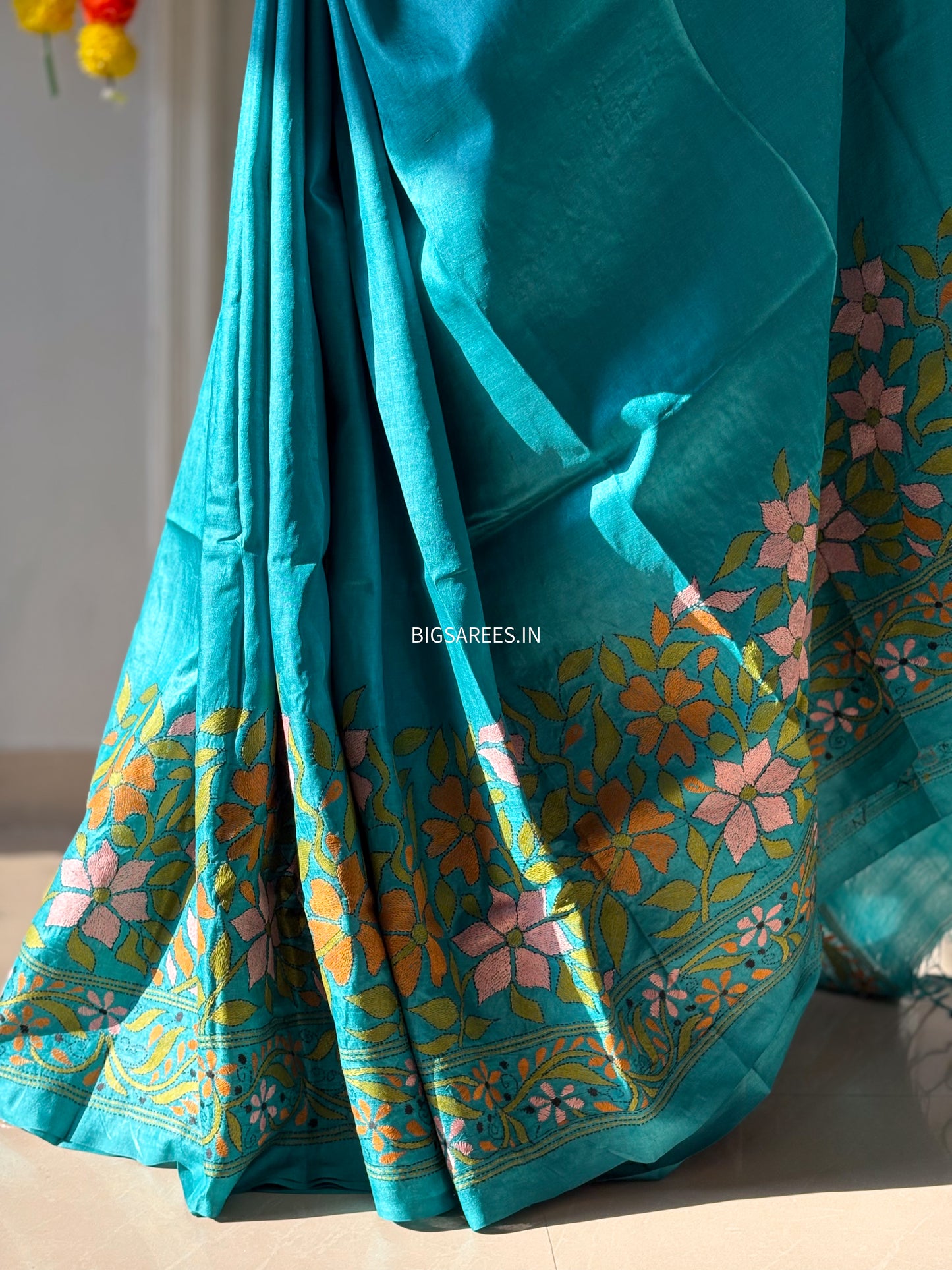 Kantha Hand Embroidered Saree With Blouse | Pure Gachi by Gachi Tussar Silk | Silk Mark Certified | Blue