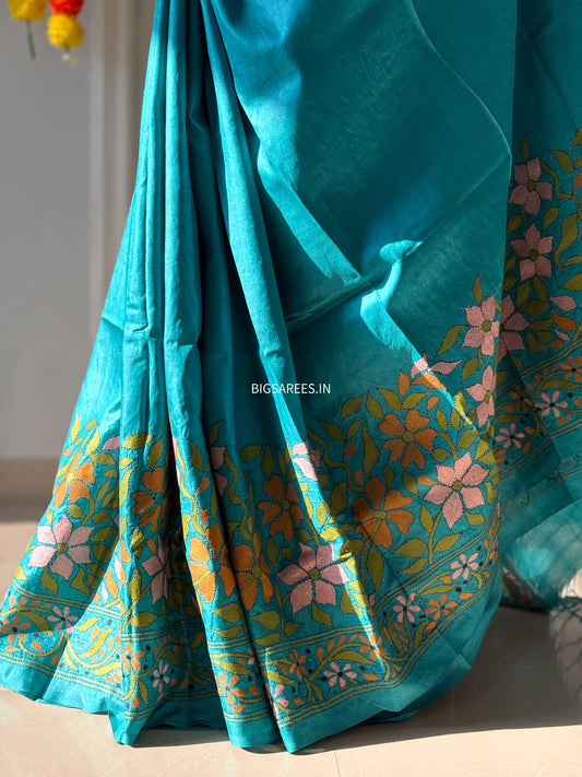 Kantha Stitch Hand Embroidered Pure Gachi Tussar Silk Saree (Silk Marked)