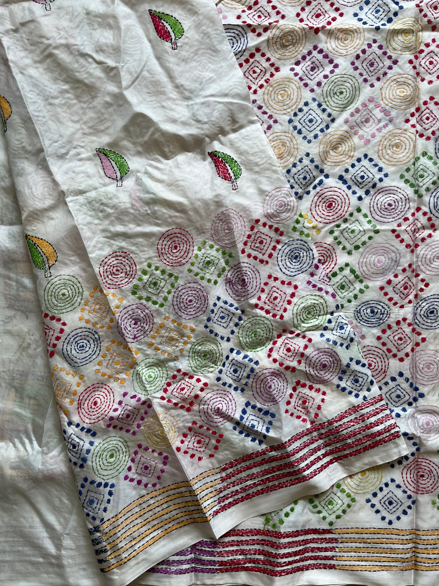 Off white hand embroidered Kantha stitch Saree in Art silk