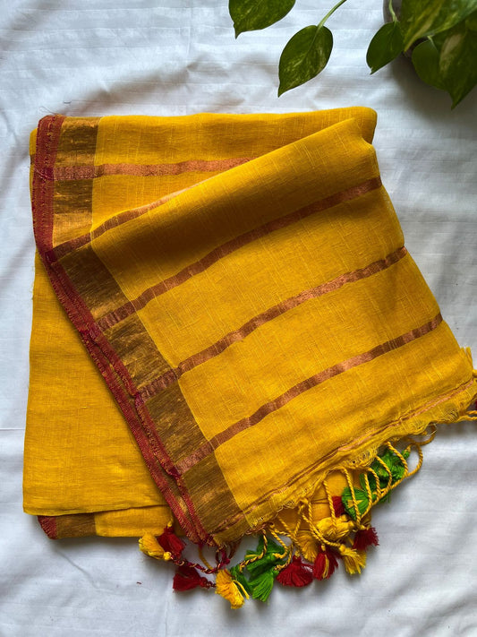 Yellow Linen By Linen Saree With Blouse