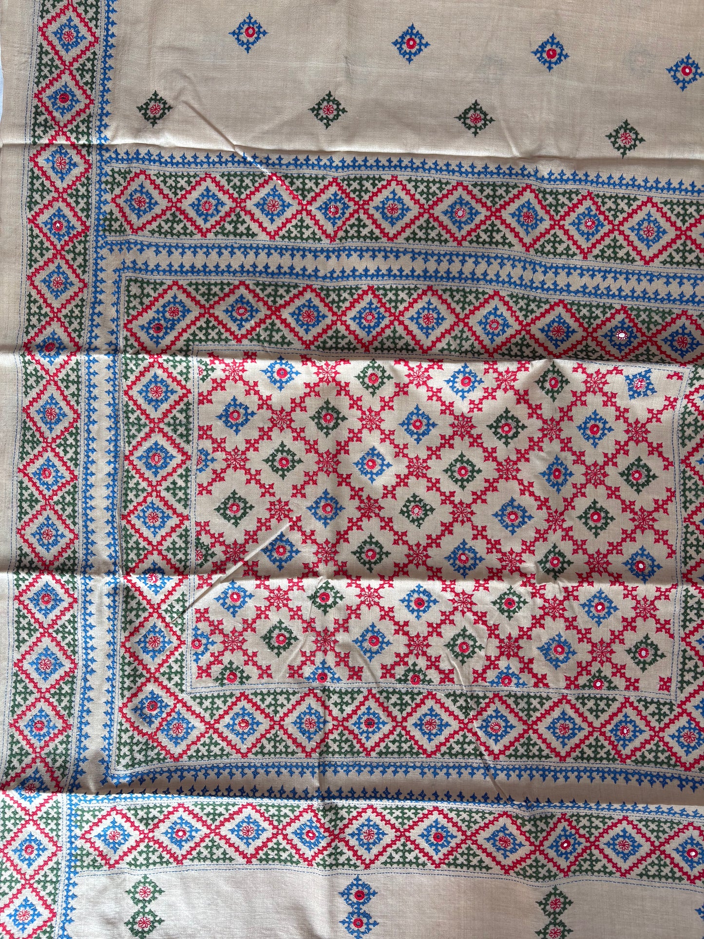 Kutchi Hand Embroidered Saree | Pure Gachi by Gachi Tassar Silk | Silk Marked | Off-White