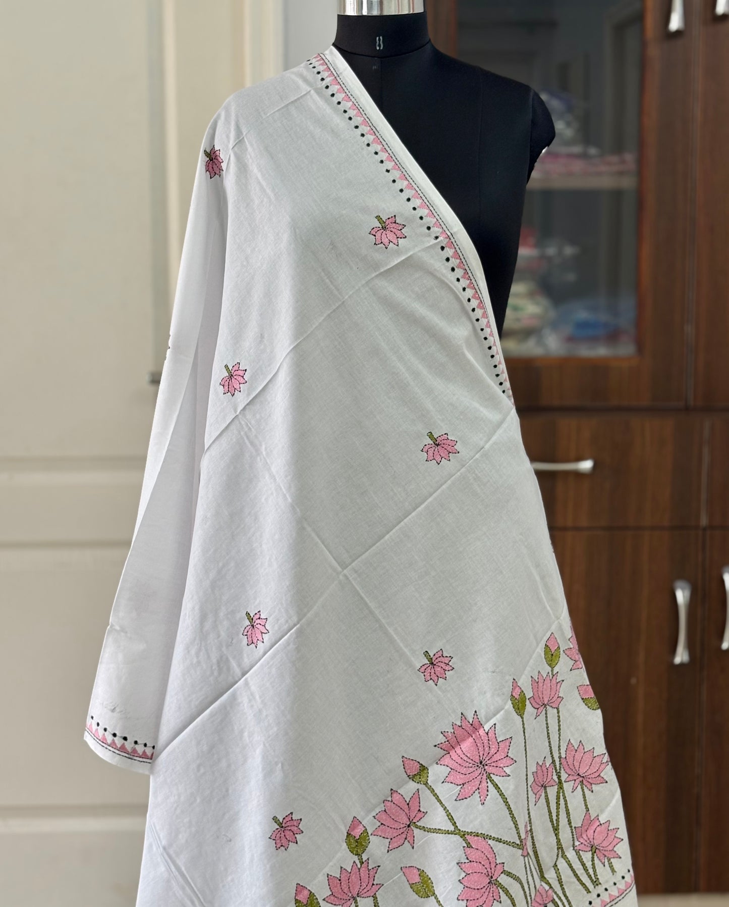 Kantha Hand Embroidary Full Work Pure Cotton Dupatta- white “36”