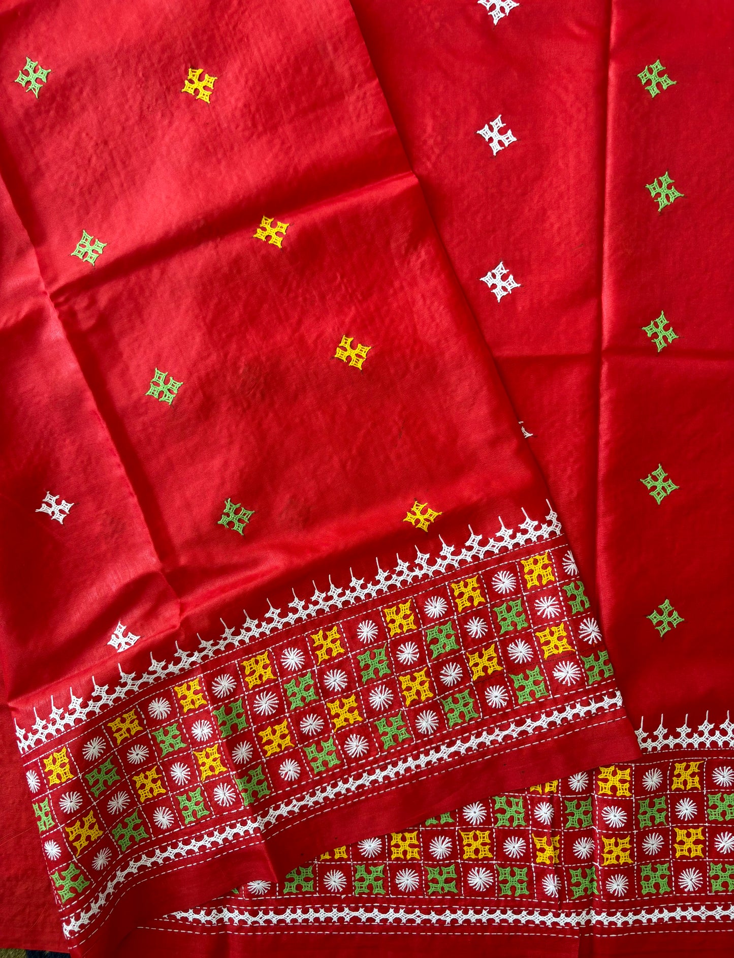 Gujrati Stitch/Kutch Hand Embroidered Art Silk Saree