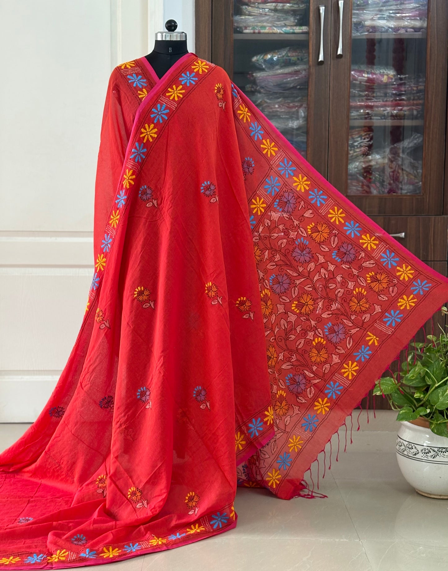 Kantha stitch Hand Embroidered Pure mul Cotton Saree