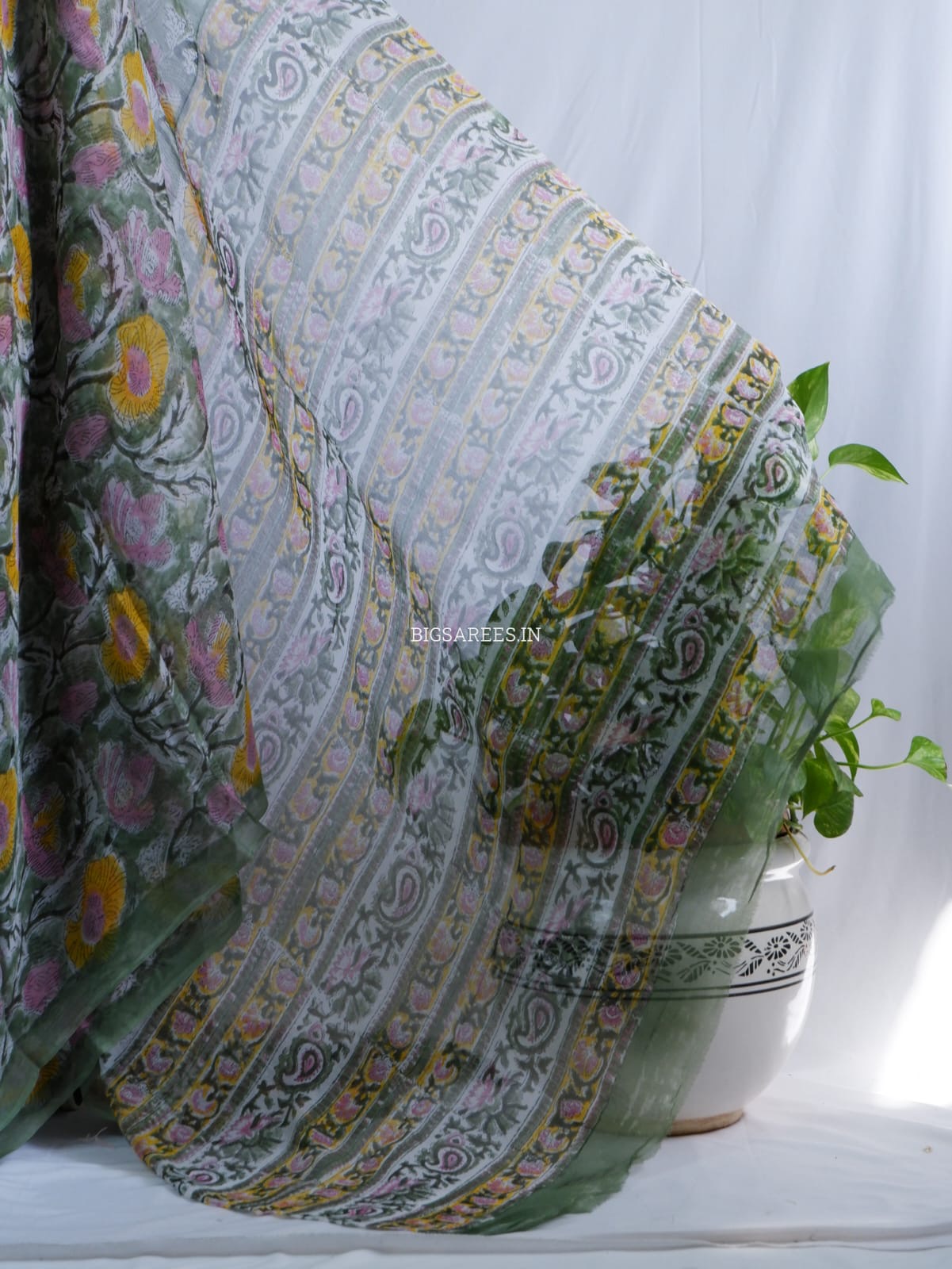 Hand Block Print Saree | Pure Chiffon | Green