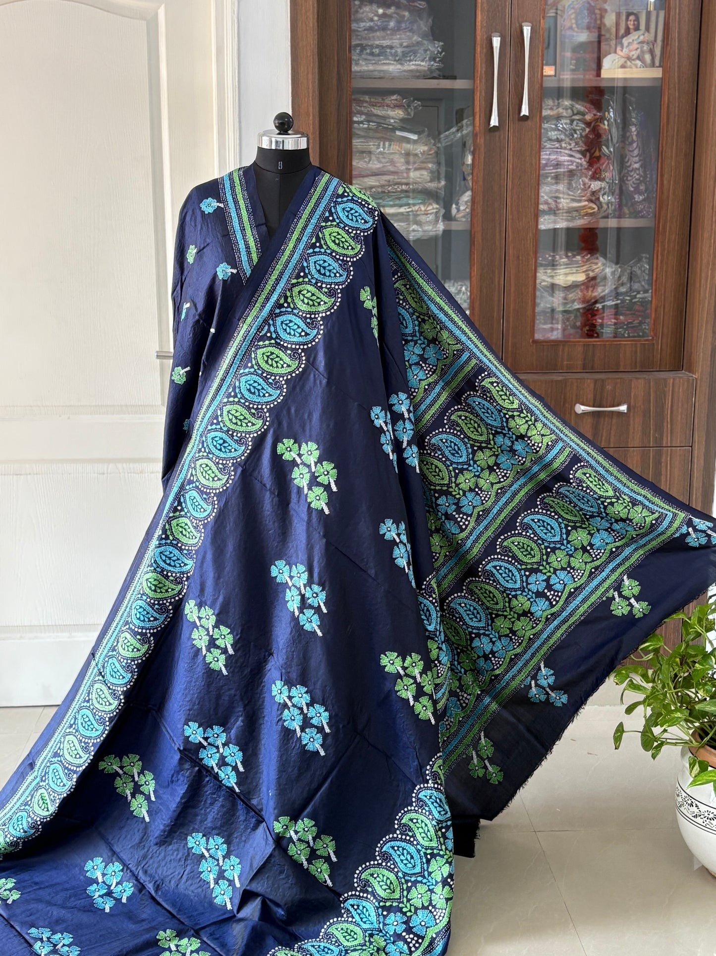 Kantha Stitch Hand Embroidered Pure Banglore Silk Saree (Silk Marked)