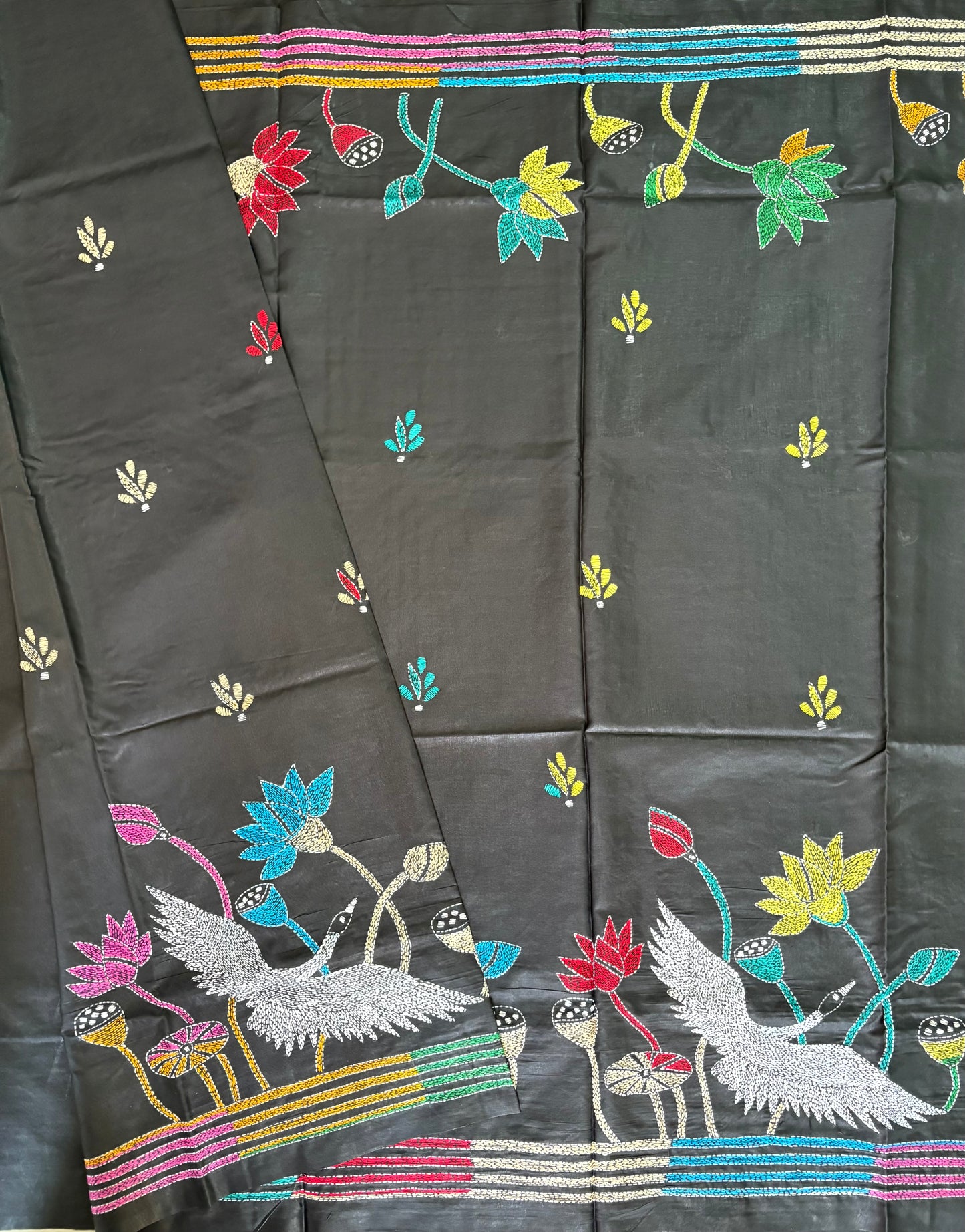 Hand work Kantha stitch Saree in Artificial Silk - Black