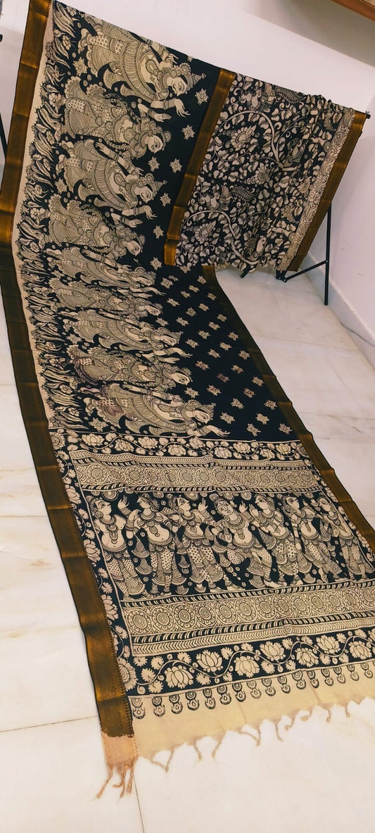 Pen Kalamkari hand painted Mangalgiri Silk black and white Saree with blouse