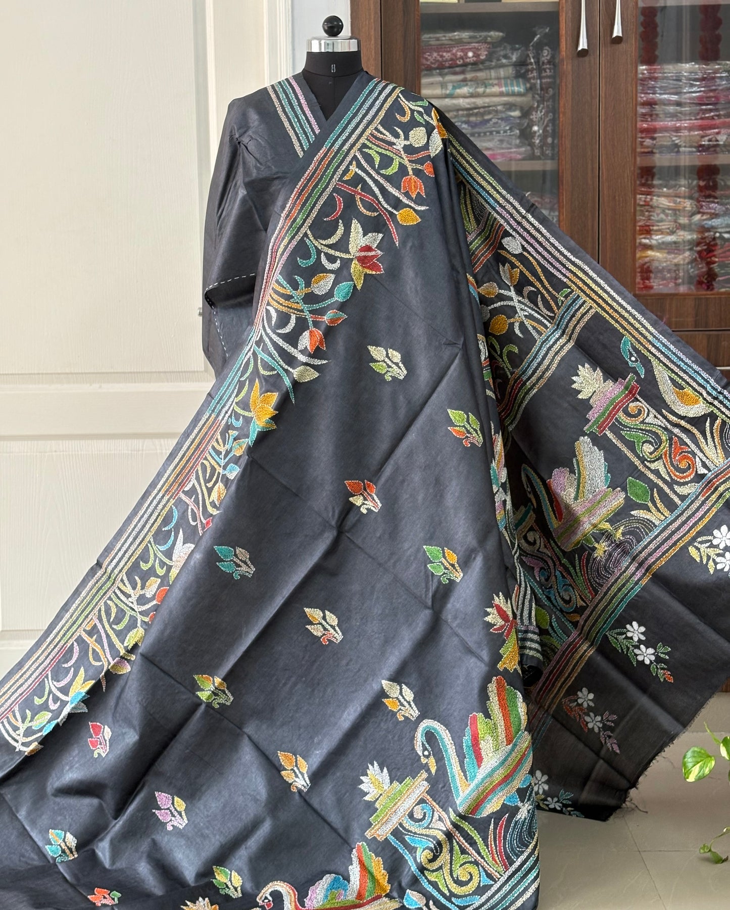 Kantha Hand Embroidered Pure Tussar Silk Saree
