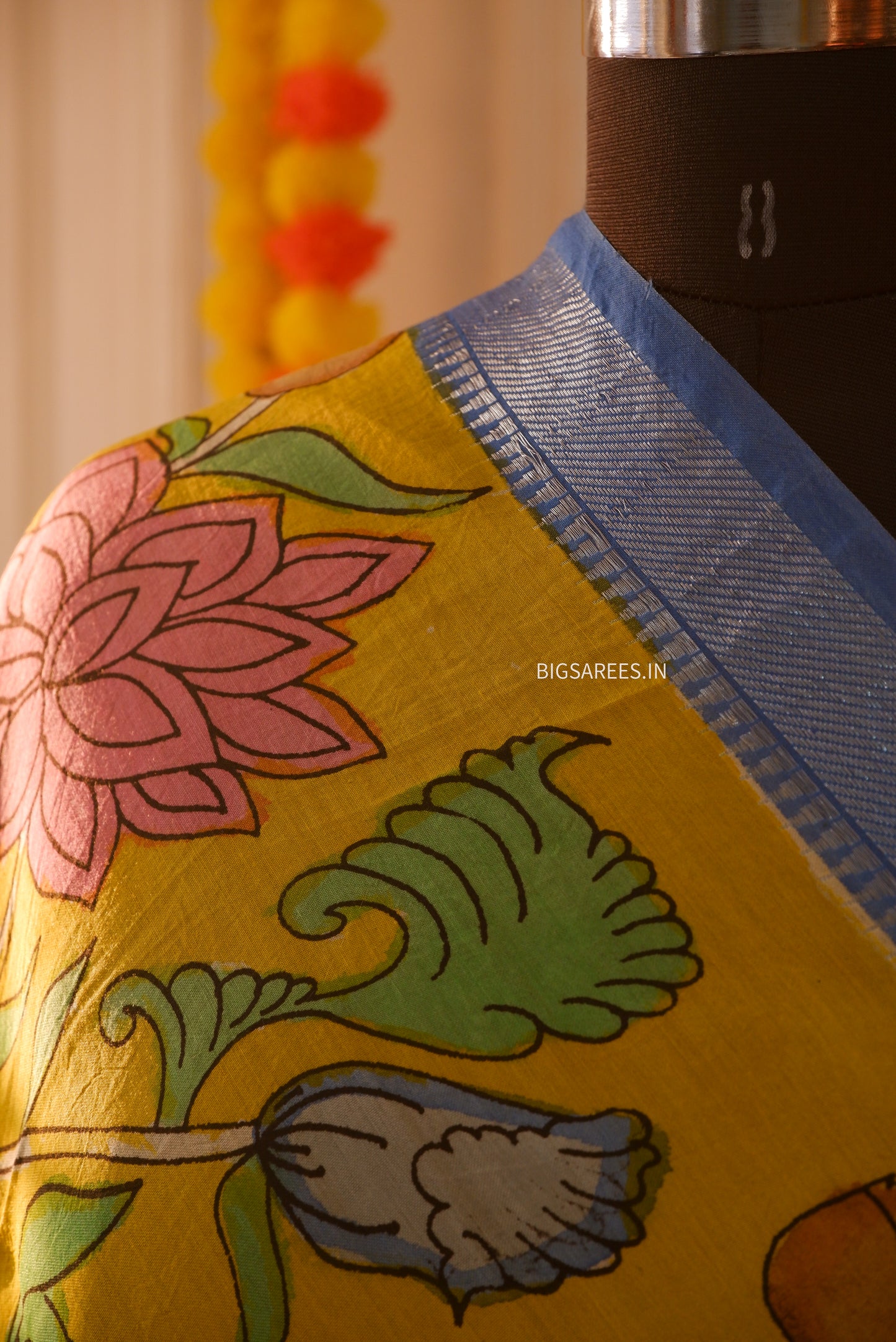 Pen Kalamkari Hand Painted Bangalore Silk Dupatta/Yellow/36"