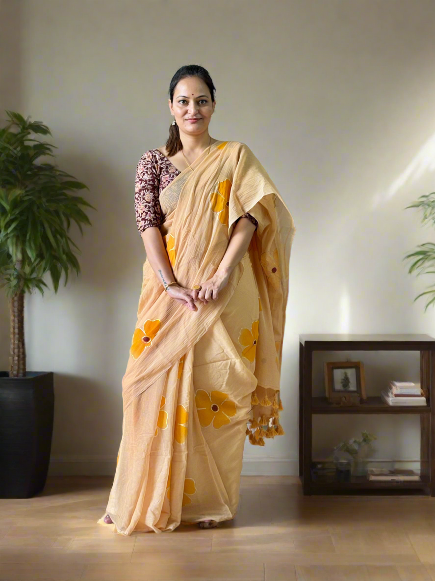 Hand Painted Mul Cotton Saree - Badami