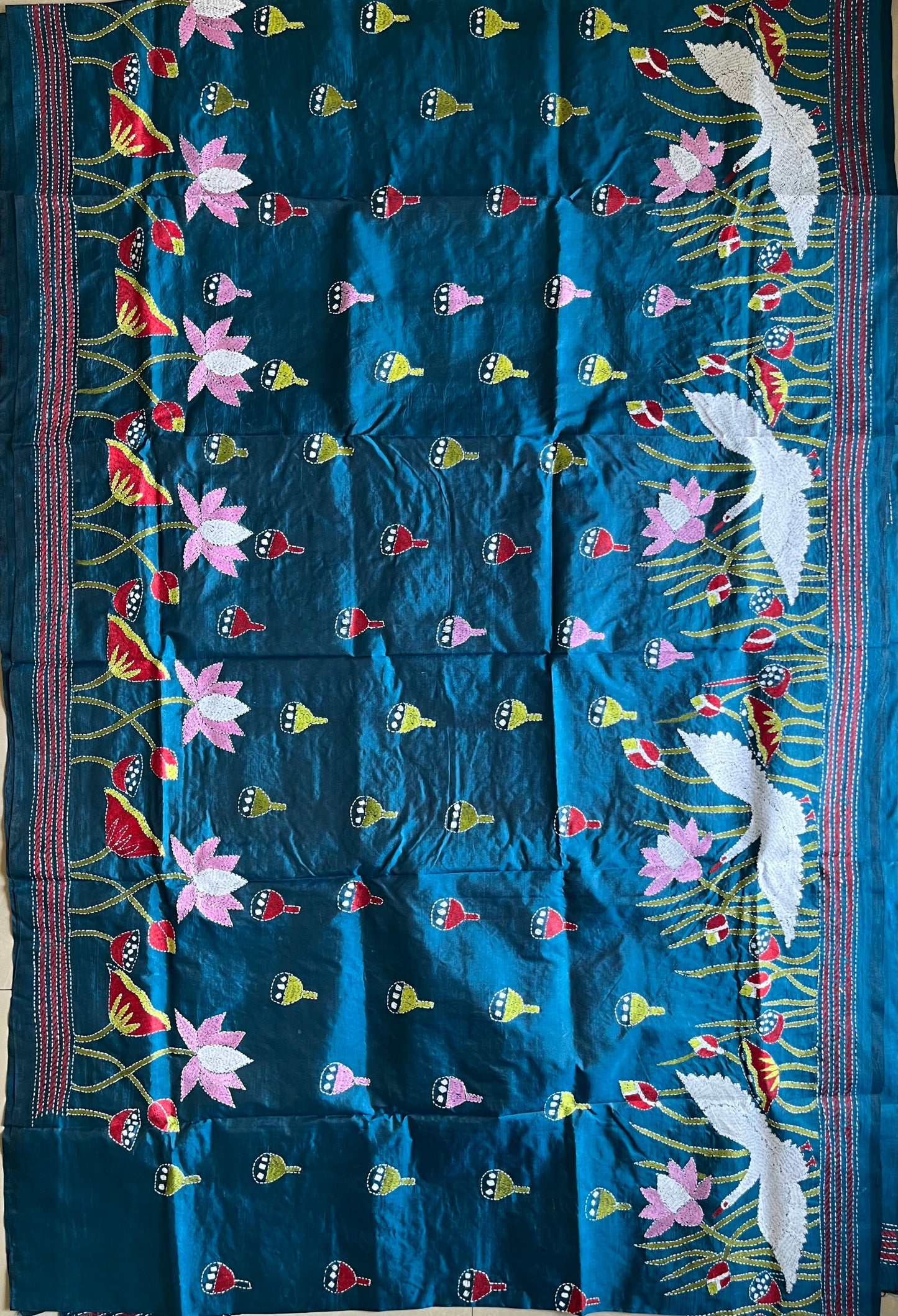 Blue Kantha Stitch Hand Embroidered Pure Banglore Silk Saree