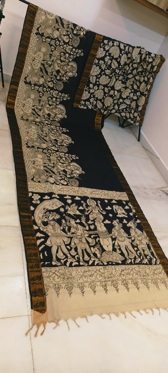 Pen Kalamkari hand painted Mangalgiri Silk black and white Saree with blouse