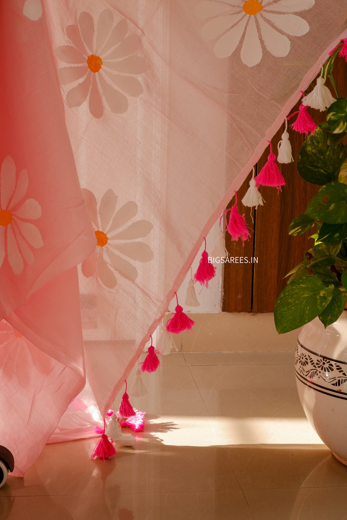 Hand Painted Mul Cotton Saree with Blouse | Pink