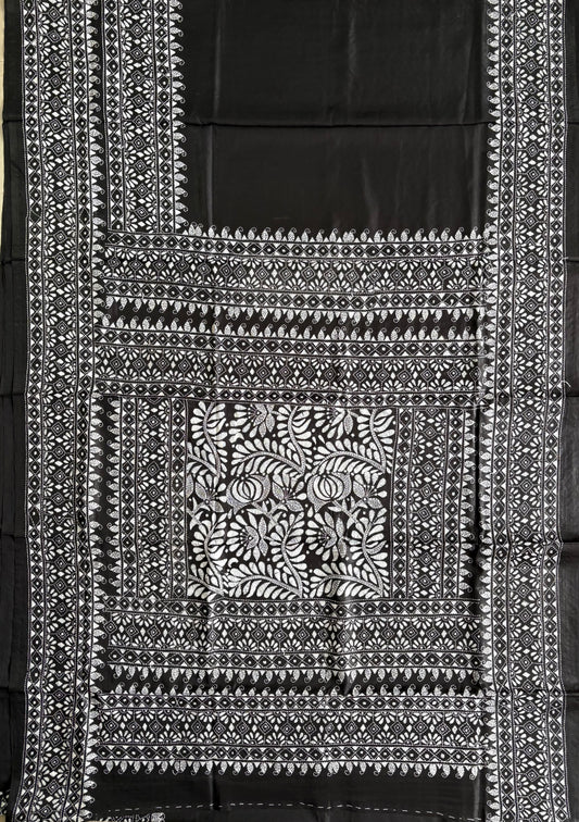 Black Kantha Hand Embroidered Blended Banglore Silk/Art Silk Saree With Blouse