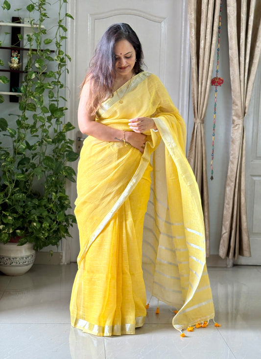 Linen By Linen Saree With Blouse - yellow