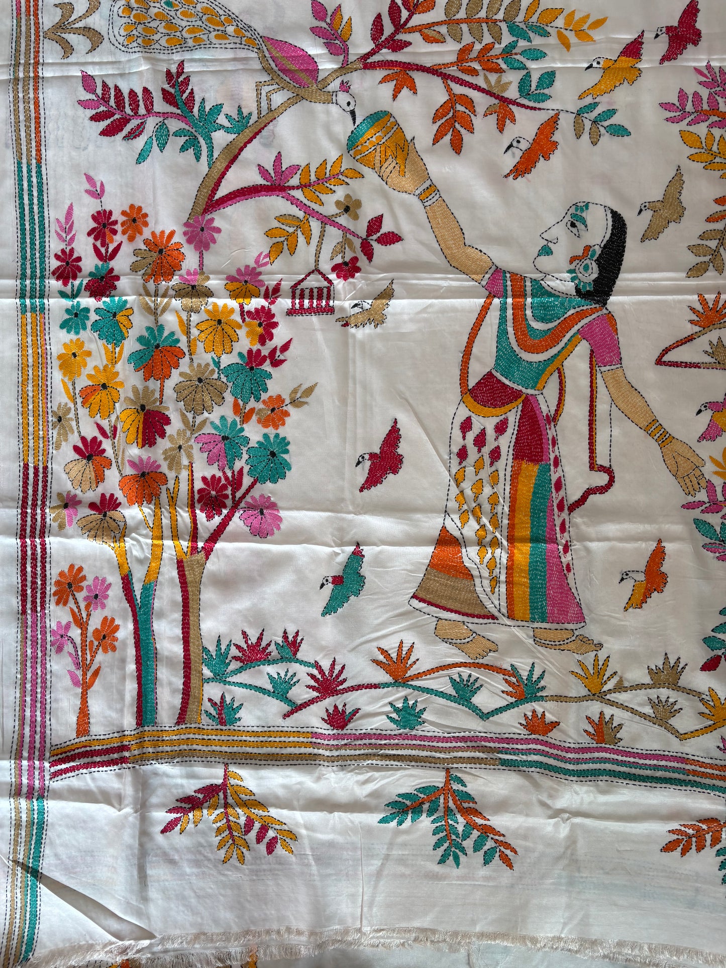 Kantha Hand Embroidered Blended Banglore Silk/Art Silk Saree With Blouse