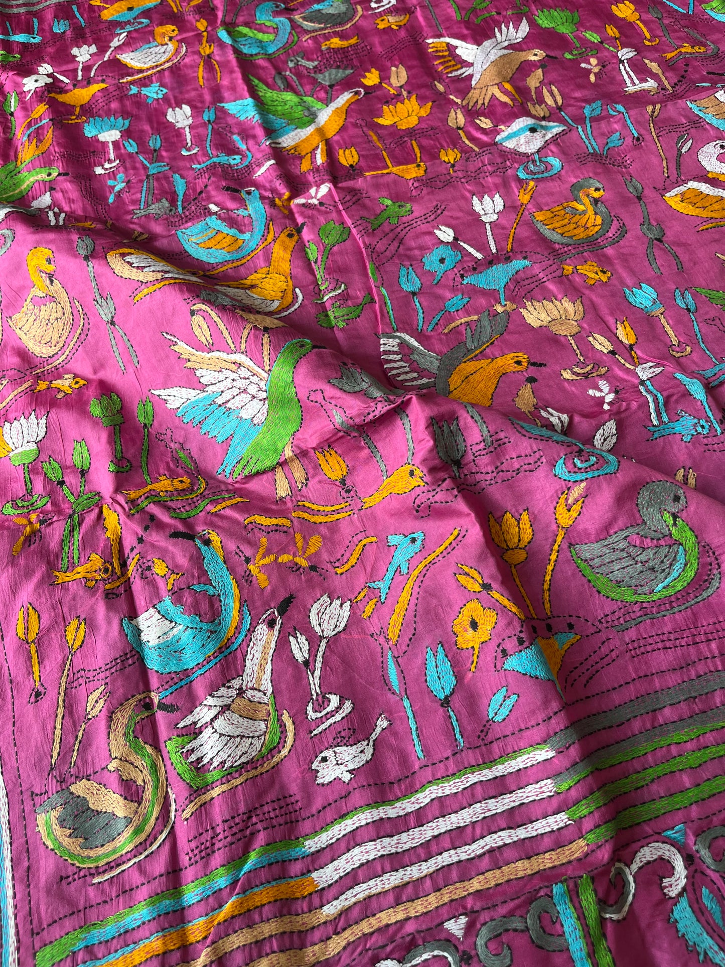 Pink/purple Kantha Stitch Hand Embroidered Pure Banglore Silk Saree (Silk Marked)