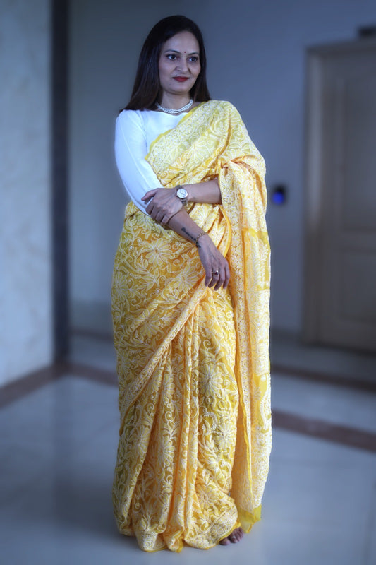 Turmeric Yellow - White Georgette Chikankari Work Hand Embroidered Saree