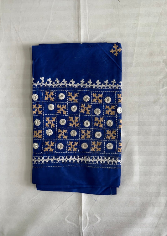 Blue Gujrati work blouse pieces in art silk 1 mtr
