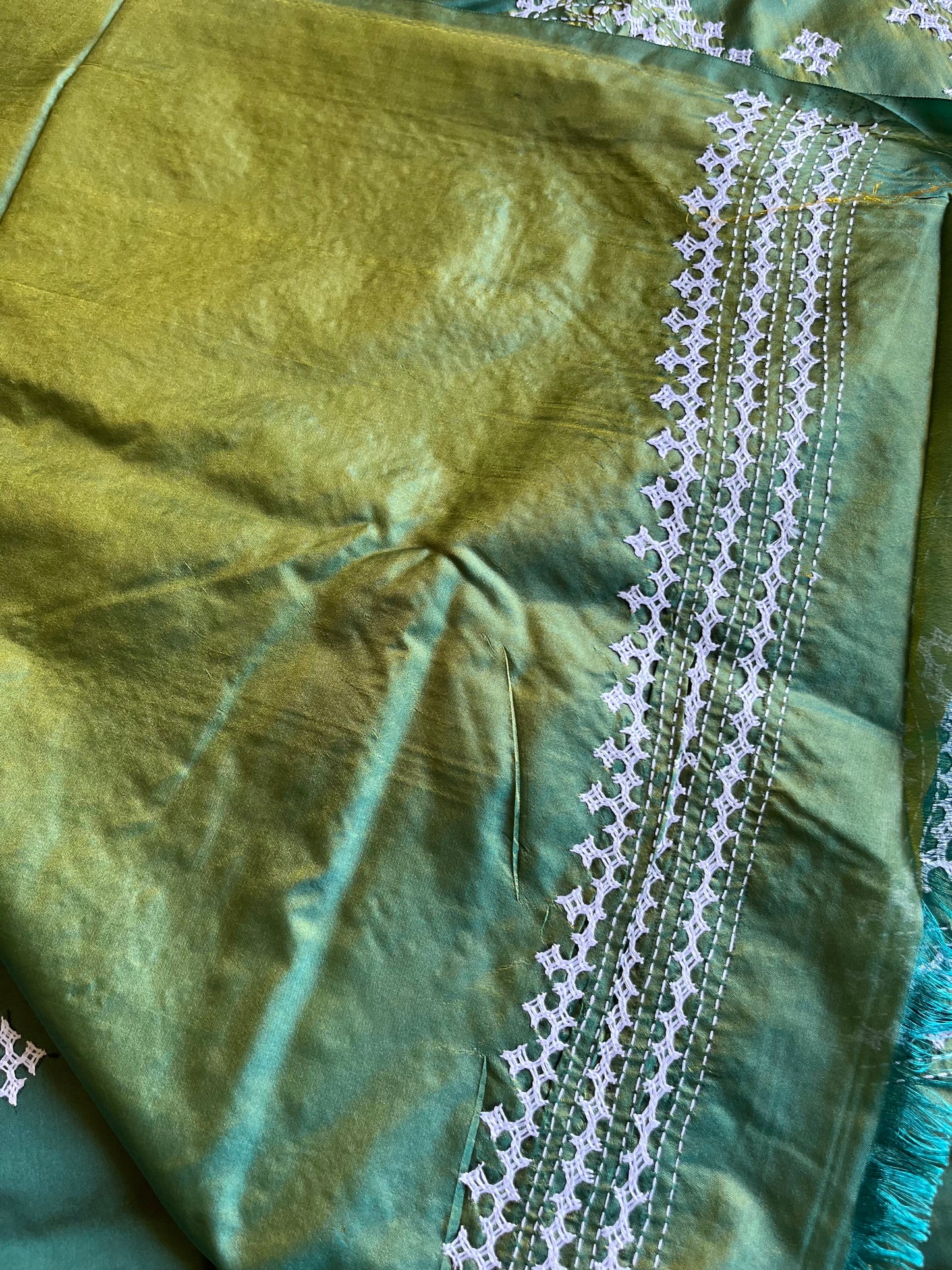 Green Gujrati Stitch/Kutch Hand Embroidered Art Silk Saree