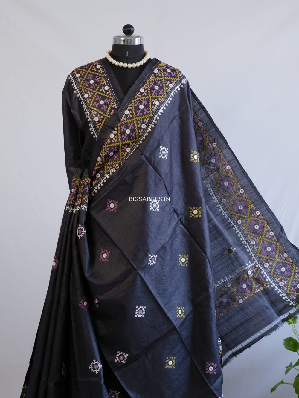 Kutchi Hand Embroidered Saree | Tassar Silk | Silk Marked | Black