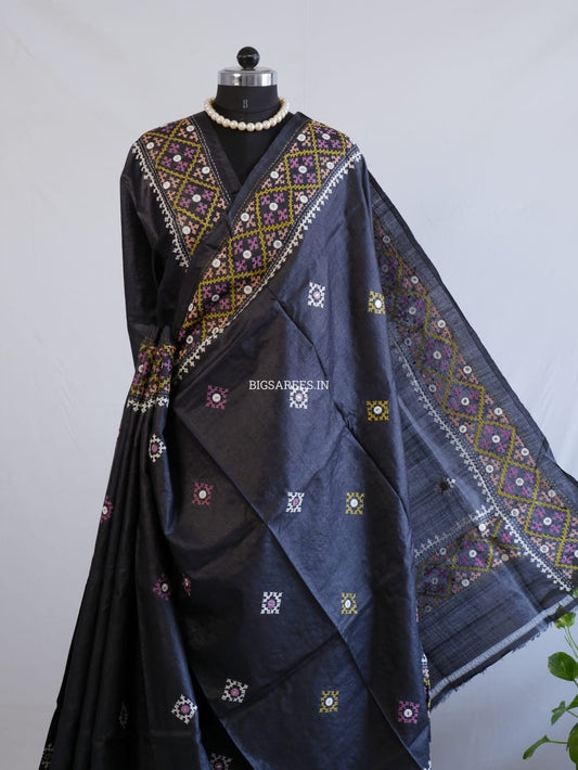 Kutchi Hand Embroidered Saree | Tassar Silk | Silk Marked | Black