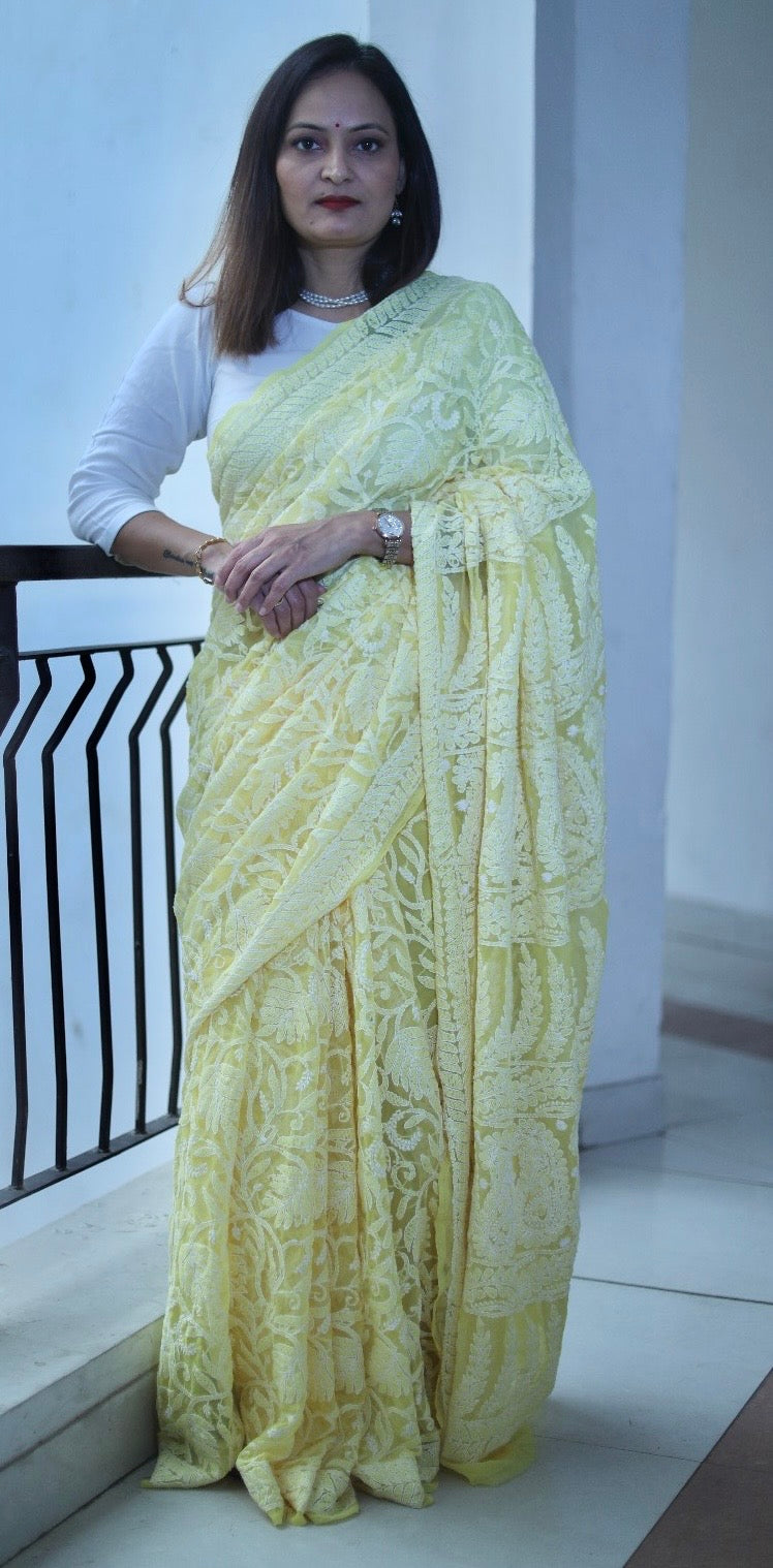 Yellow Georgette Chikankari Work Hand Embroidered Saree