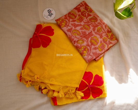 Hand Painted Mul Cotton Saree with Blouse | Yellow