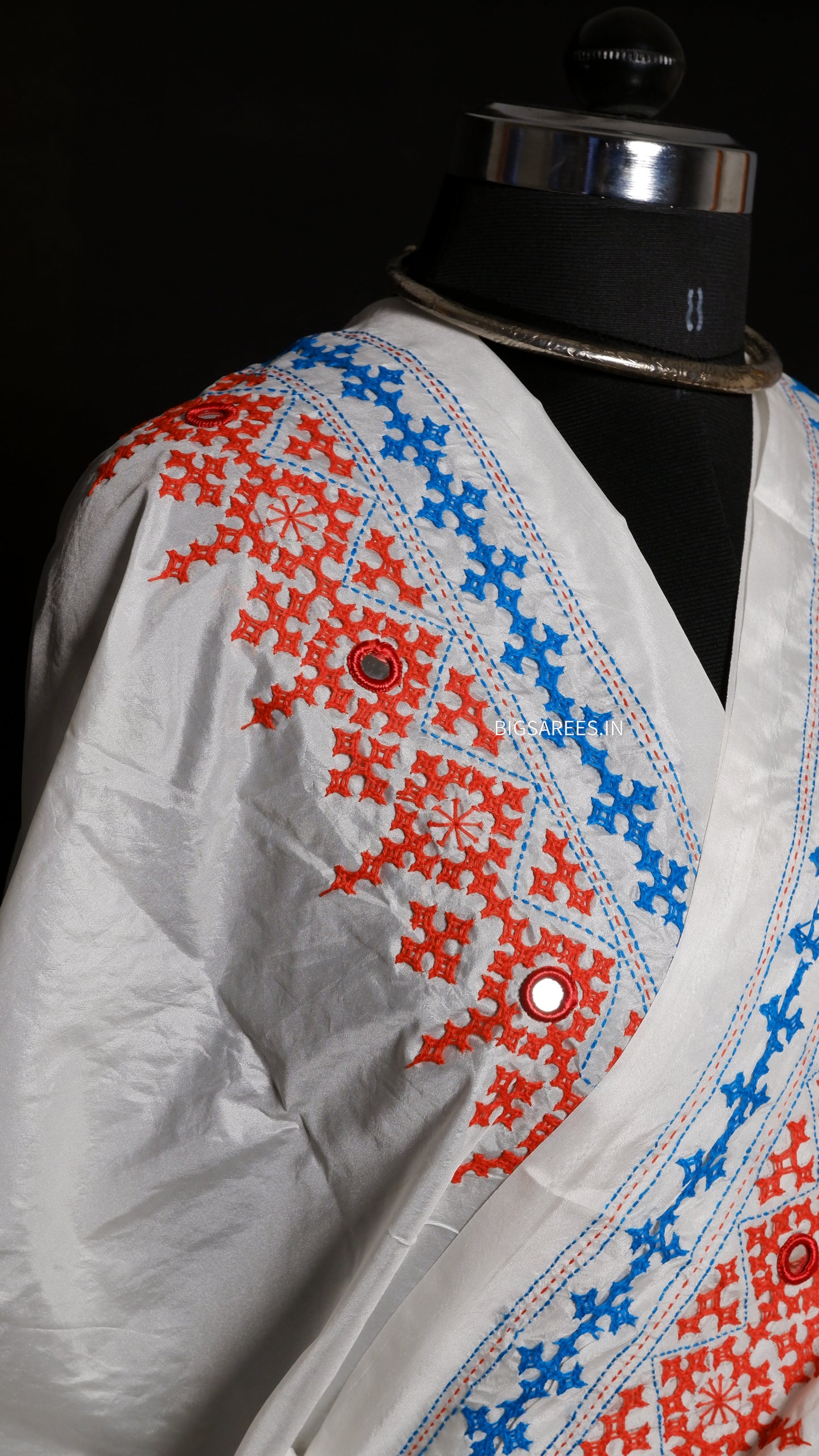 Heavy real mirror work Gujrati Stitch/Kutchi Bharat/Sindhi Hand Embroidered Art Silk Saree with blouse