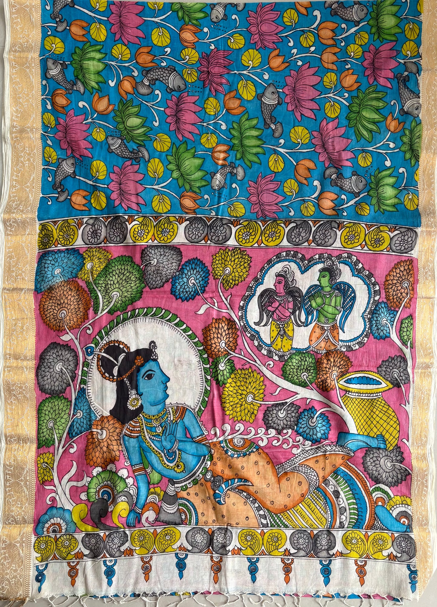 Pen Kalamkari hand painted pure cotton Saree with blouse