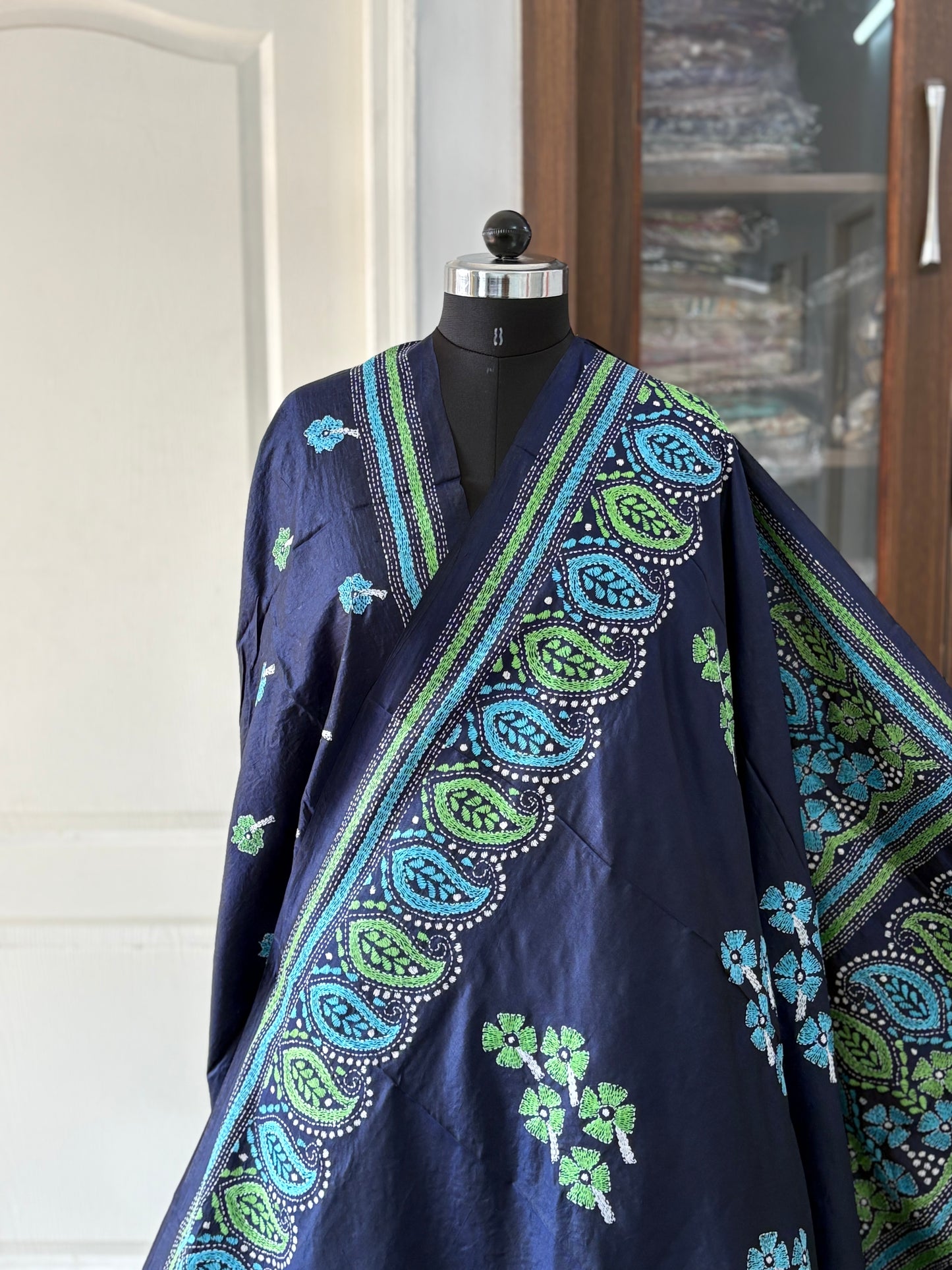 Kantha Stitch Hand Embroidered Pure Banglore Silk Saree (Silk Marked)