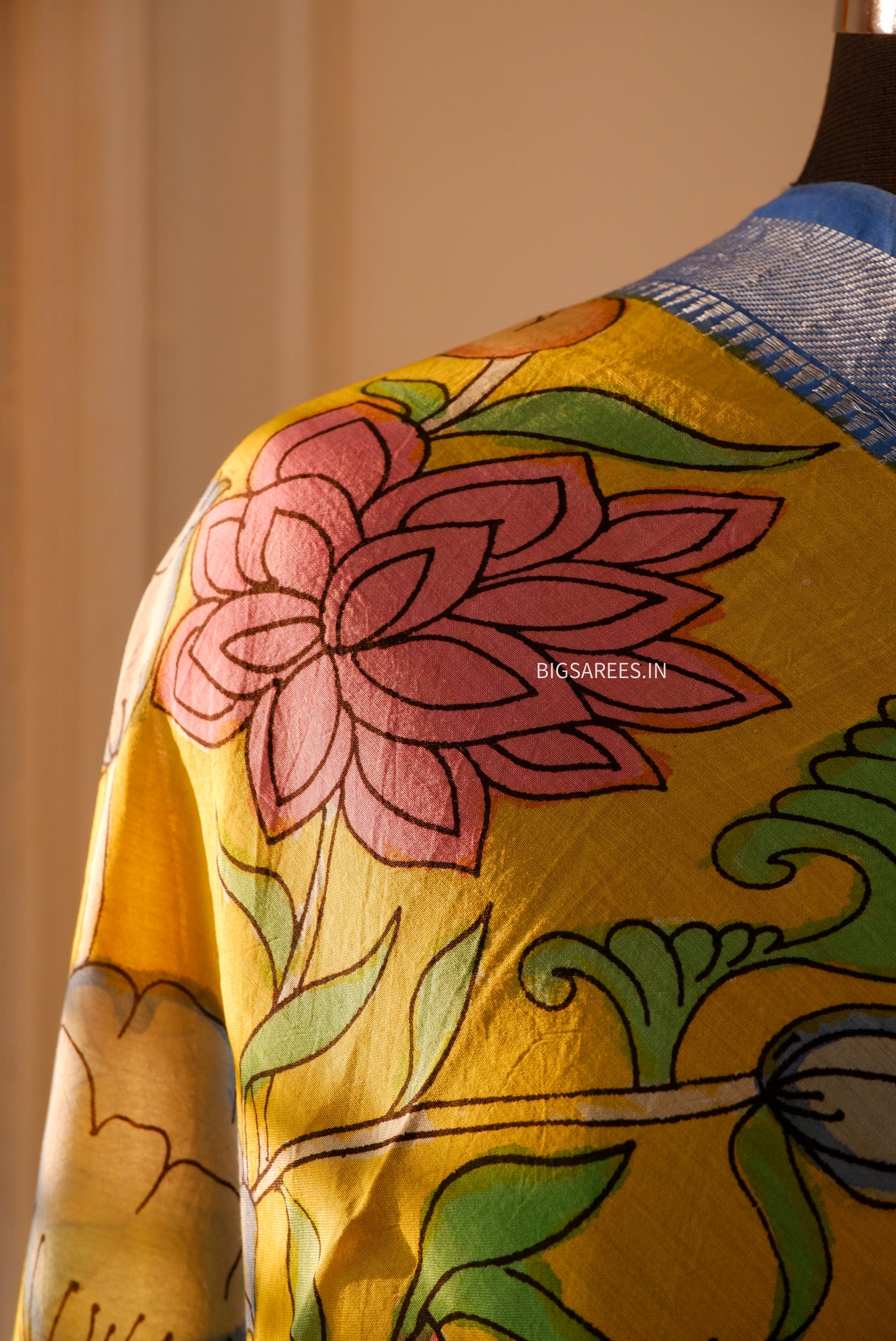 Pen Kalamkari Hand Painted Bangalore Silk Dupatta/Yellow/36"