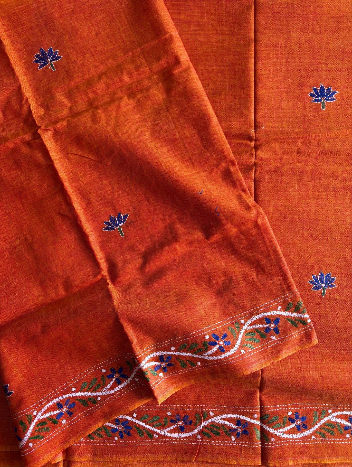 Kantha stitch Khadi Cotton Saree - Saffron