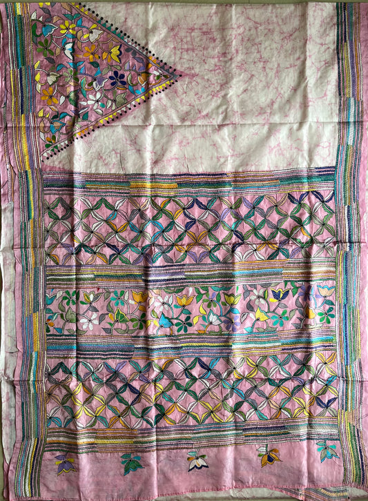 Kantha Hand Embroidered Blended Banglore Silk/Art Silk Saree With Blouse