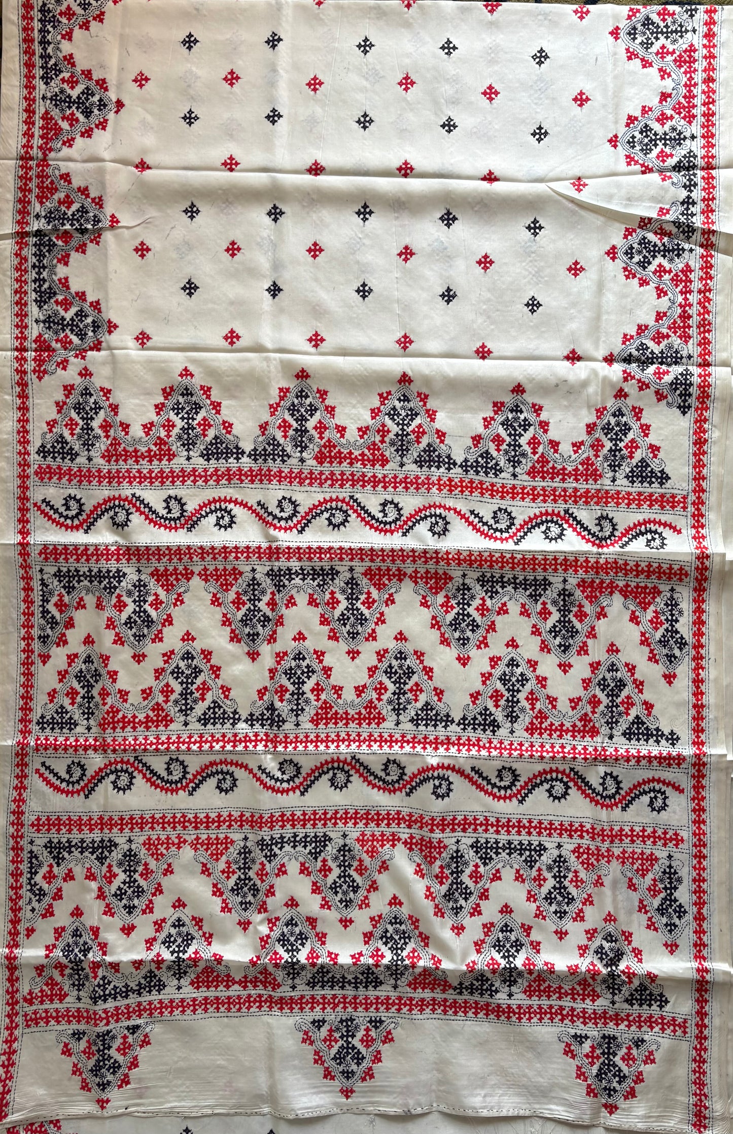 Gujrati Stitch/Kutch Hand Embroidered Art Silk Saree