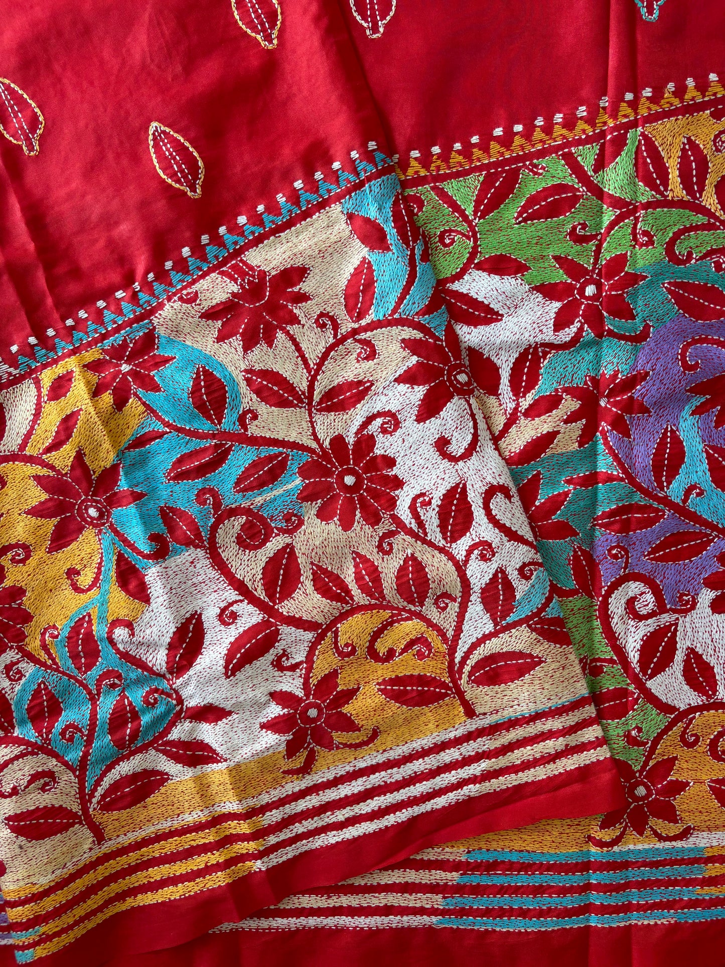 Kantha - Stitch Hand Embroidered Saree| Blended Bangalore Silk / Art Silk