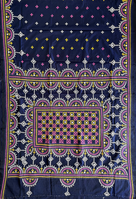 Yellow Kutch Hand Embroidered Blended Banglore Silk/Art Silk Saree
