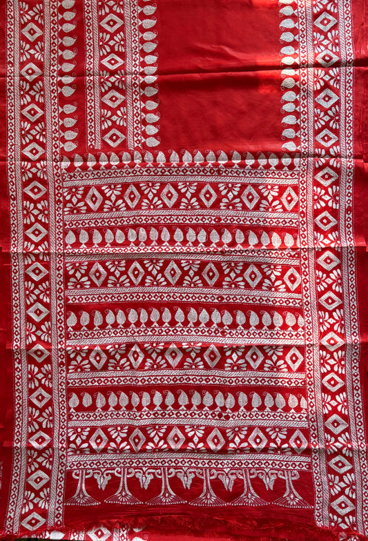 Kantha Stitch Hand Embroidered Art Silk Saree With Blouse