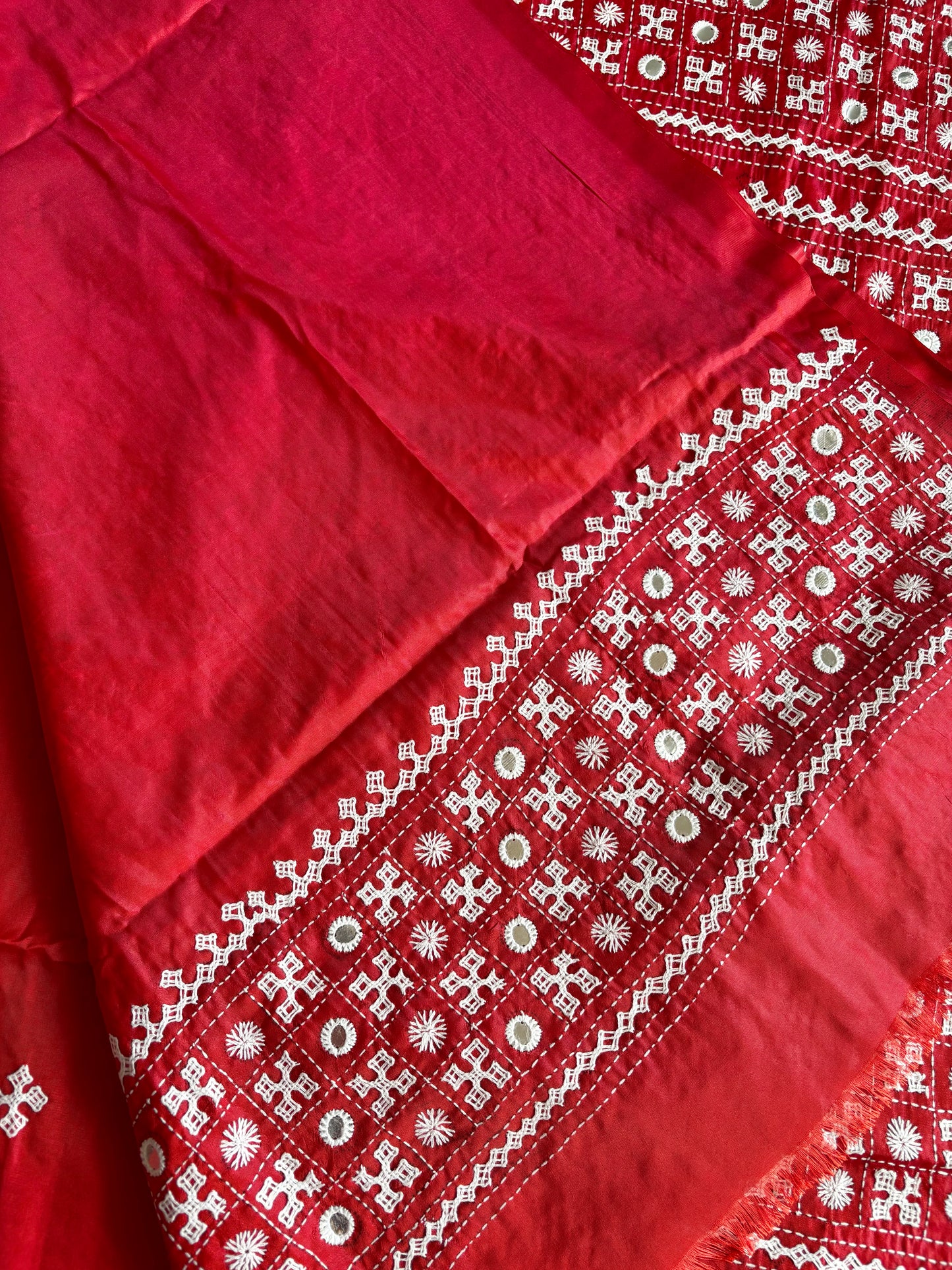 Gujrati Stitch/Kutch Hand Embroidered Art Silk Saree