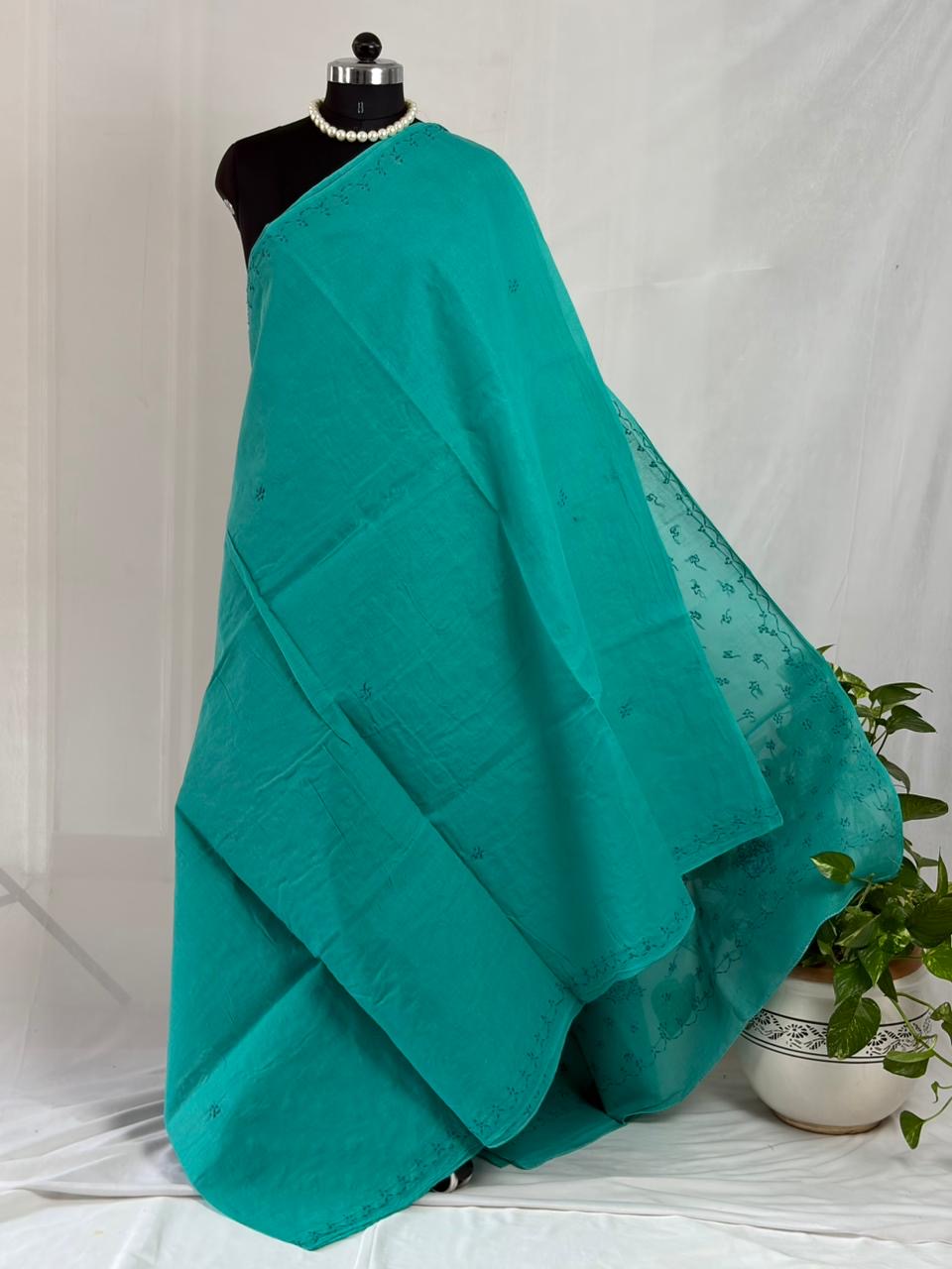 Chikankari Hand-Embroidered Saree | Cotton | Teal