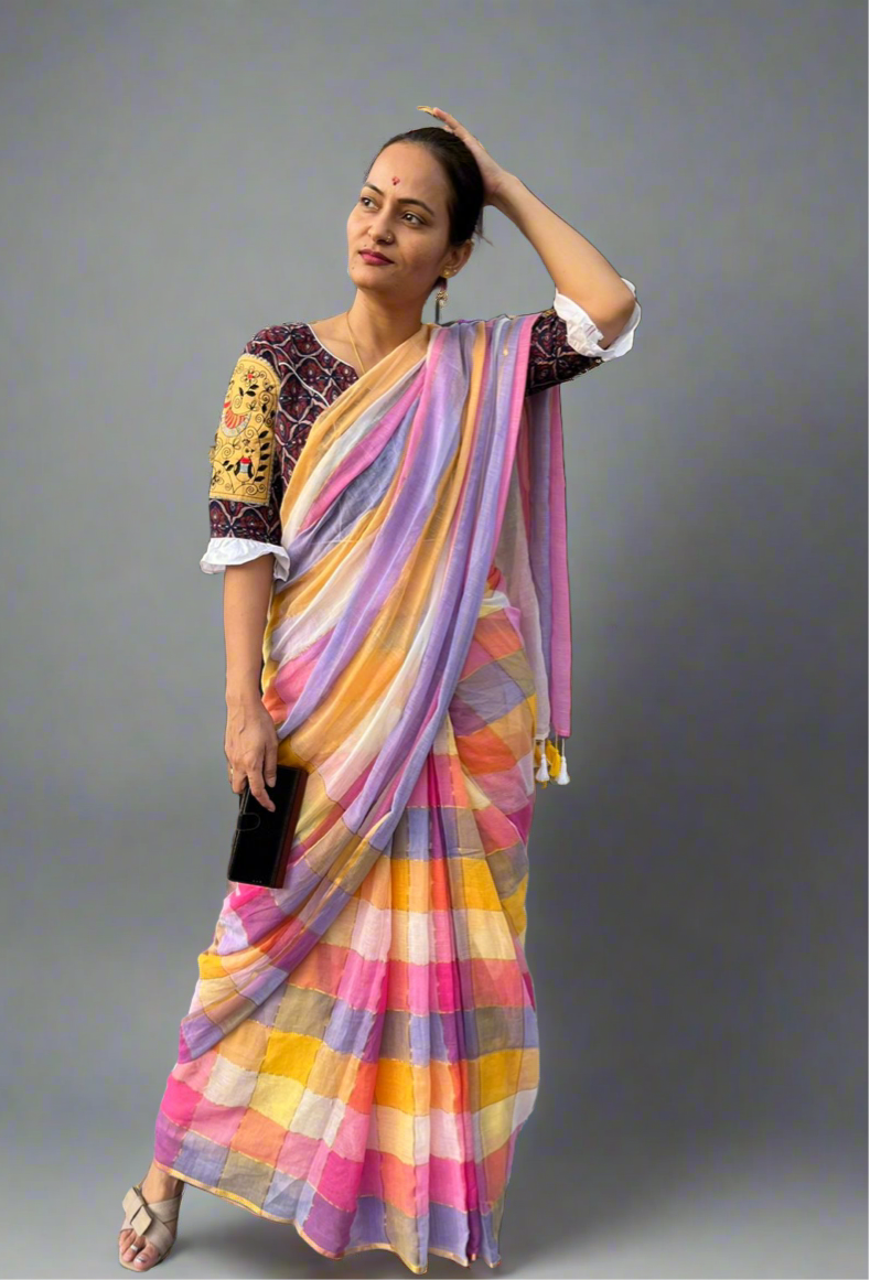 Mul Cotton Check Stripes Golden Lining Saree