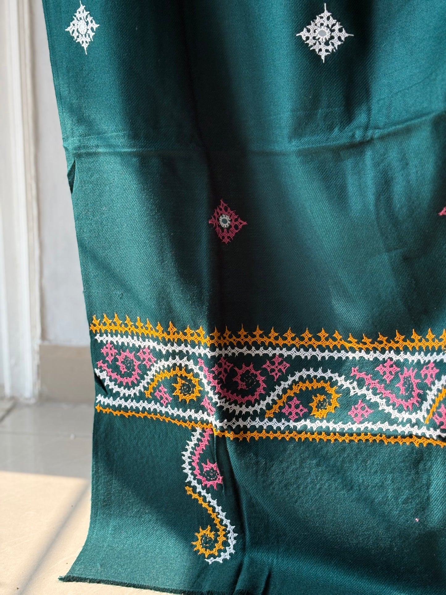 Gujrati Stitch Hand Embroidered Woollen Warm Shawl (Rama green)